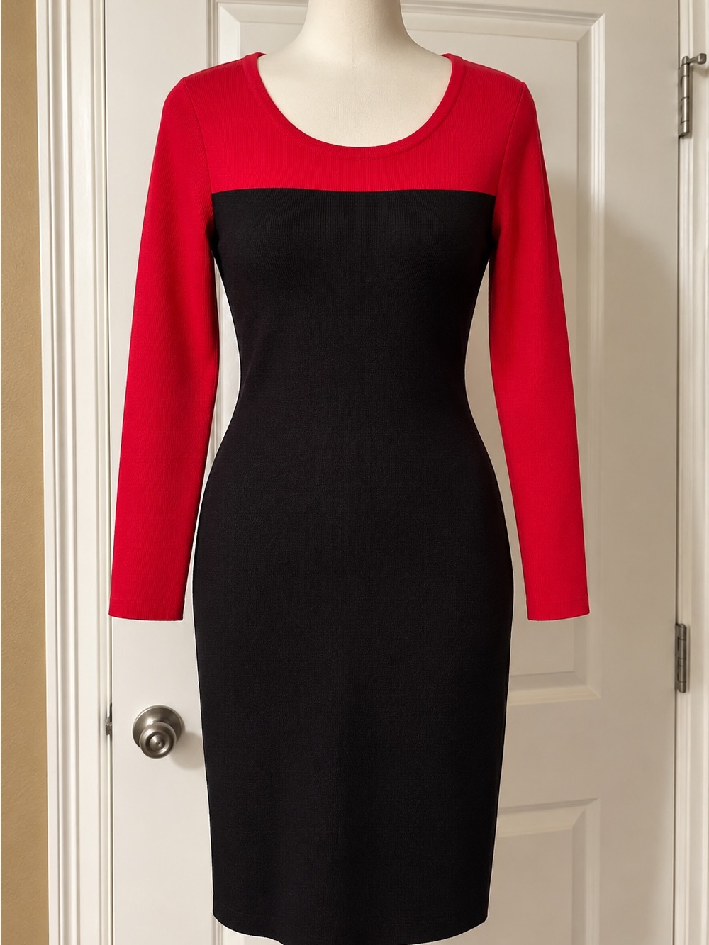 Tribal Knit Dress Women M Red Black Colorblock Long Sleeve Sheath Career